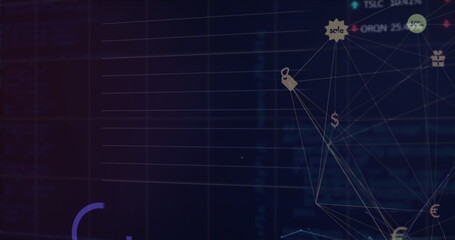 Globe of digital icons spinning over digital interface with data processing against blue background