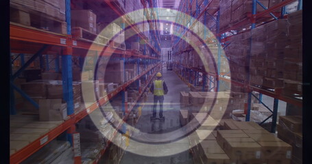 Image of abstract circular shape over male worker riding on segway at warehouse