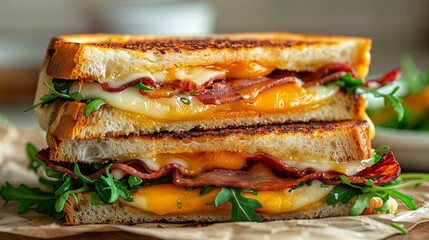 A grilled cheese and bacon sandwich is placed on a wooden table, showcasing its delicious melted cheese and crispy bacon layers.