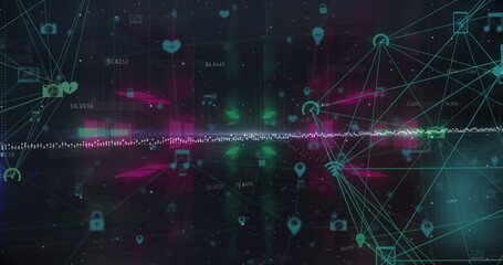 Image of network of connection and neon lights moving on black background