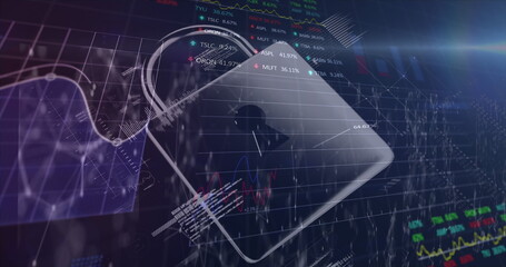 Image of data data, financial graphs and digital padlock on navy background