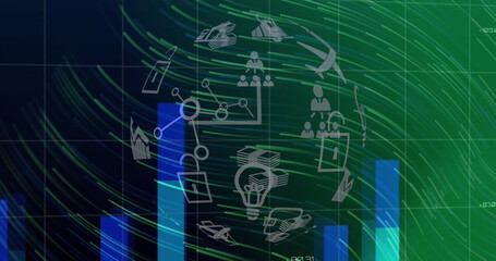 Obraz premium Globe of digital icons spinning and light trails over statistical data processing and world map