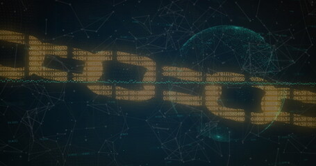 Security chain icon and network of connections over spinning globe against blue background