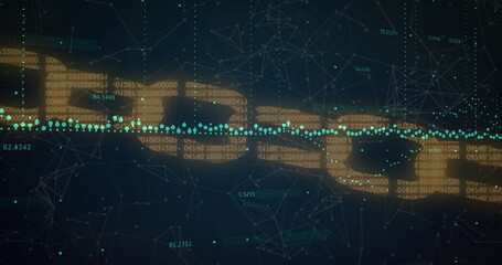 Image of financial graphs and block chain on black background