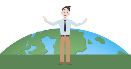 Image of caucasian businessman making presentation with globe on white background