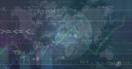 Image of data processing and globe on black background