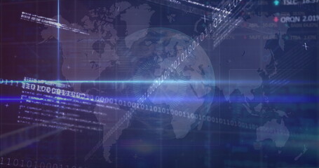 Image of data processing and globe on blue background