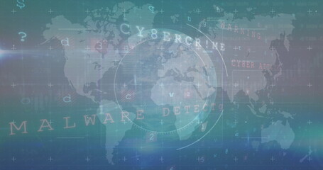 Image of data processing and globe on black background