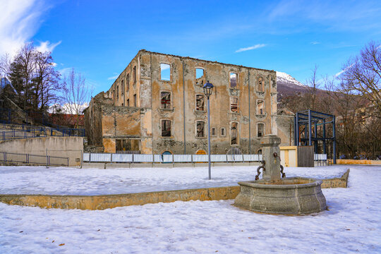 Abandoned silk waste combing factory in the Parc de la Schappe in Brian&ccedil;on, a small town of the French Alps, destroyed by a fire in 2014