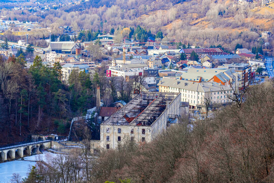 Abandoned silk waste combing factory in the Parc de la Schappe in Brian&ccedil;on, a small town of the French Alps, destroyed by a fire in 2014