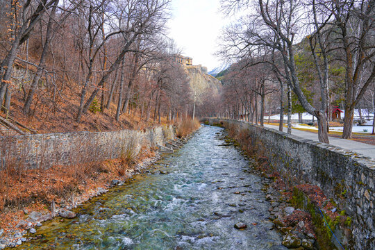 River Durance flowing in the Parc de la Schappe in Brian&ccedil;on, a small town of the Hautes-Alpes department in the French Alps