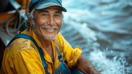 man in a yellow shirt and blue overalls is smiling and posing for a picture. He is sitting in a boat on the water, and the water is splashing around him. very happiness brazilian man with large smile