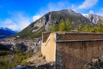 Fort Dauphin fortress near the Alpine town of Briançon next to the Italian border in the French department of Hautes-Alpes - Advanced post ensuring surveillance of the Vallon du Fontenil - obrazy, fototapety, plakaty