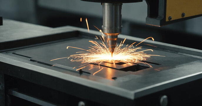 Close-up of wire edm machine in manufacturing facility, showcasing the precision and technical processes involved in metalwork.