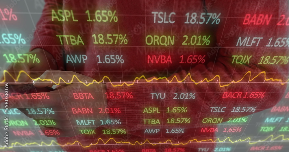 Aufkleber image of financial data and graphs over hands of caucasian man using smartphone