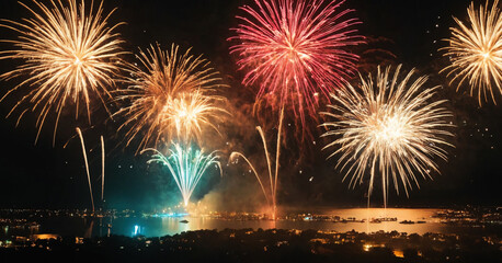 Explosive burst of colorful fireworks lighting up the night sky for new year's celebration.