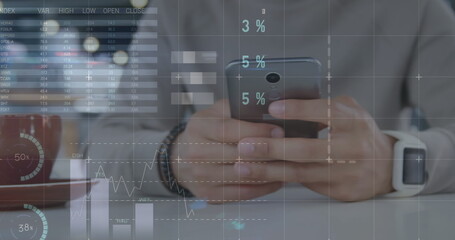 Image of financial data and graphs over hands of caucasian man using smartphone