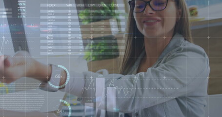 Image of financial data and graphs over hands of caucasian woman using payment terminal