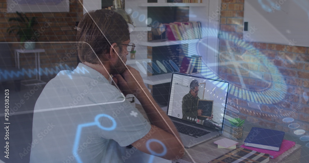 Poster image of scope scanning and data processing over caucasian businessman using laptop