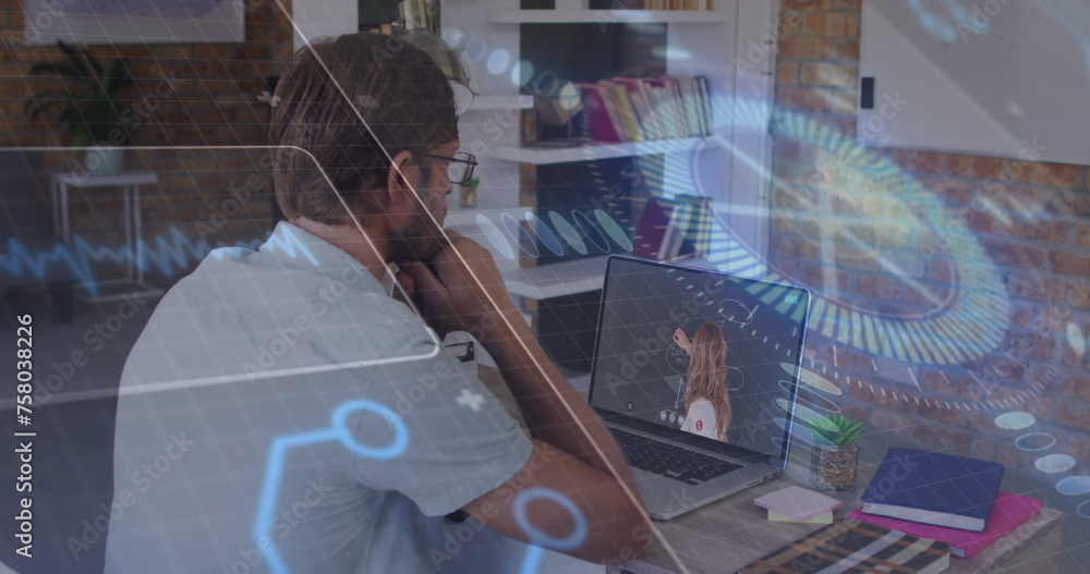 Poster image of networks of connections over and data processing over businessman working in office