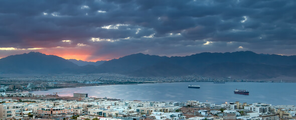 Panoramic morning view on Eilat (Israel) and Aqaba (Jordan) cities from surrounding hills in Eilat  - 758038247