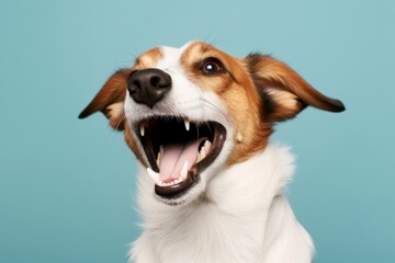 Happy funny excited little dog with long ears and wide open mouth on bright background