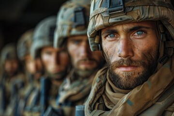 Close-up portrait of a stoic soldier with striking blue eyes and a serious expression in line with others - obrazy, fototapety, plakaty