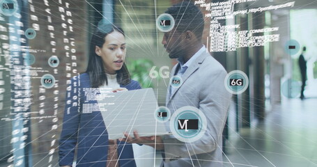 Image of scope scanning and data processing over globe and network of digital icons