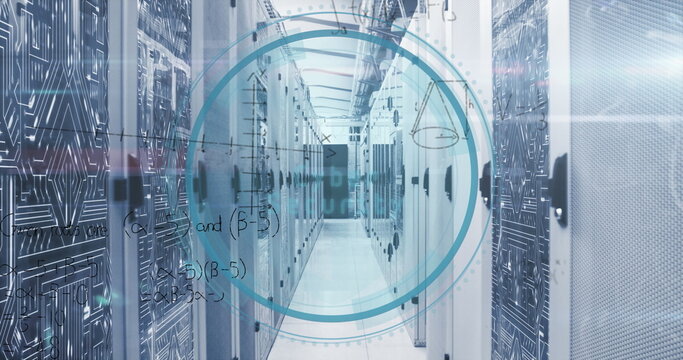 Image of cyber security text with scope scanning and mathematical equations over server room