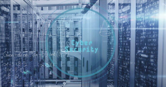 Image of mathematical equations, scope, binary coding data processing over computer servers