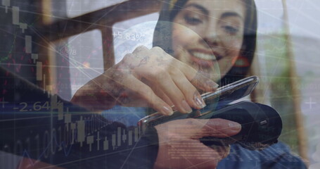 Image of financial data processing over people using smartphone and payment terminal