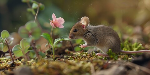a cute field mouse smelling a pink flower in the early morning