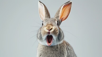 Happy funny excited rabbit with long ears and wide open mouth against bright background, Easter holiday concept celebration with copy space