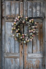 A Celebration of Spring's Arrival: A Cozy Barn Door Festooned with a Vibrant, Handmade Wreath Featuring Twigs and Easter Eggs in Pastel Shades