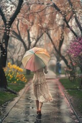 Celebrating Spring in Style: A Fashionable Lady with a Pastel Umbrella Amidst the Rain and Blooms