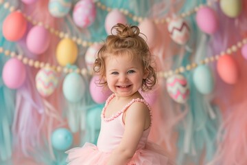 The Essence of Easter Joy: A Smiling Child in a Pink Tutu with Colorful Egg Decorations in the Background
