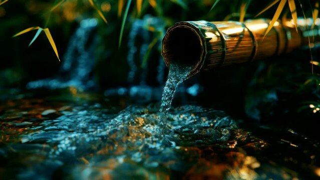 Nature's Spout: Bamboo Pipe Streaming Water