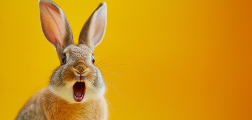 Fototapeta na wymiar Happy funny excited rabbit with long ears and wide open mouth against bright background, Easter holiday concept celebration with copy space