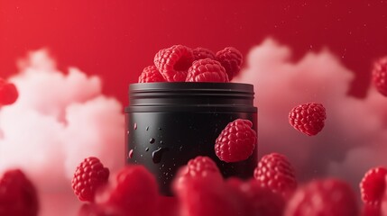 A black jar filled with fresh raspberries placed on top of a wooden table.