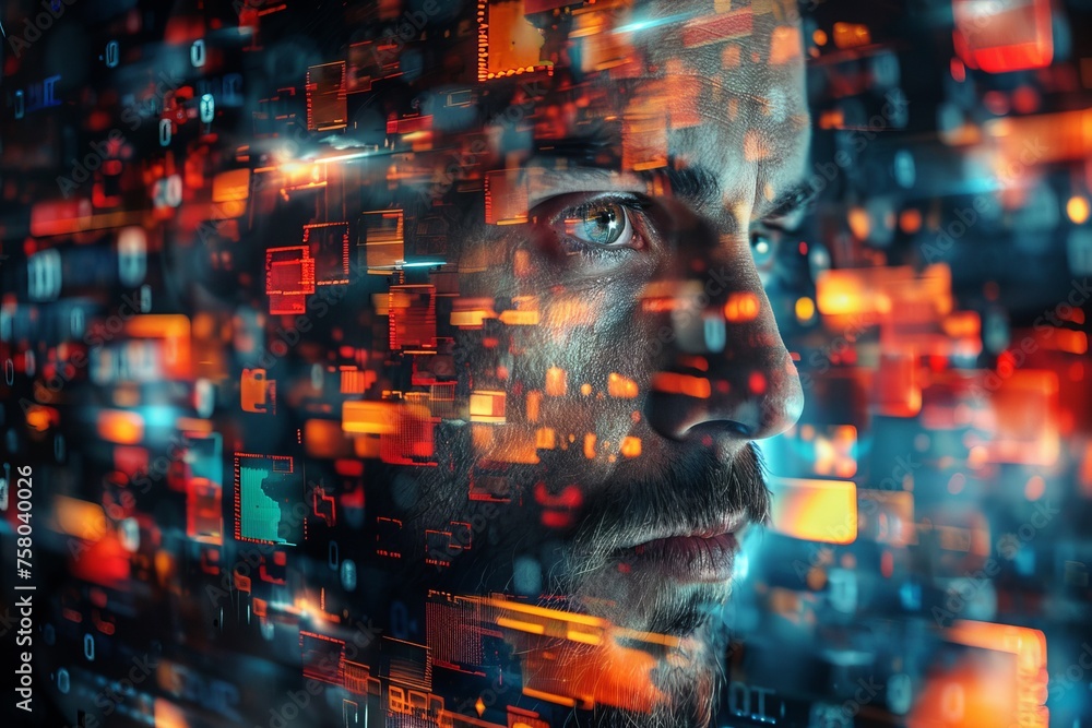 Aufkleber close-up of a man's face overlaid with vibrant digital data, representing concepts of ai and technol