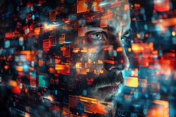 Close-up of a man's face overlaid with vibrant digital data, representing concepts of AI and technology