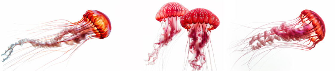 Red jellyfish isolated on a white background. 3D illustration. Set