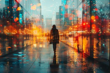 A mysterious, moody cityscape with neon lights, reflected on wet streets with a silhouette of a woman walking alone