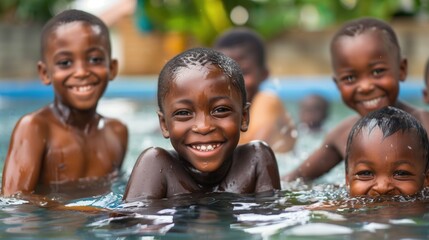 Group of Children Swimming in a Pool - obrazy, fototapety, plakaty
