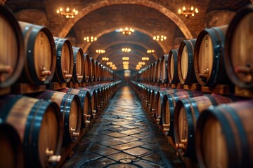A symmetrical view of wine barrels stored in a cellar with a brick ceiling and warm lighting giving a vintage feel - obrazy, fototapety, plakaty