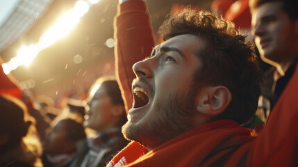 a soccer fan, their eyes shining with passion as they raise their scarf high in the air