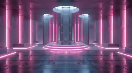Futuristic Room with Pink Neon Lights and Altar-like Centerpiece for Product Display