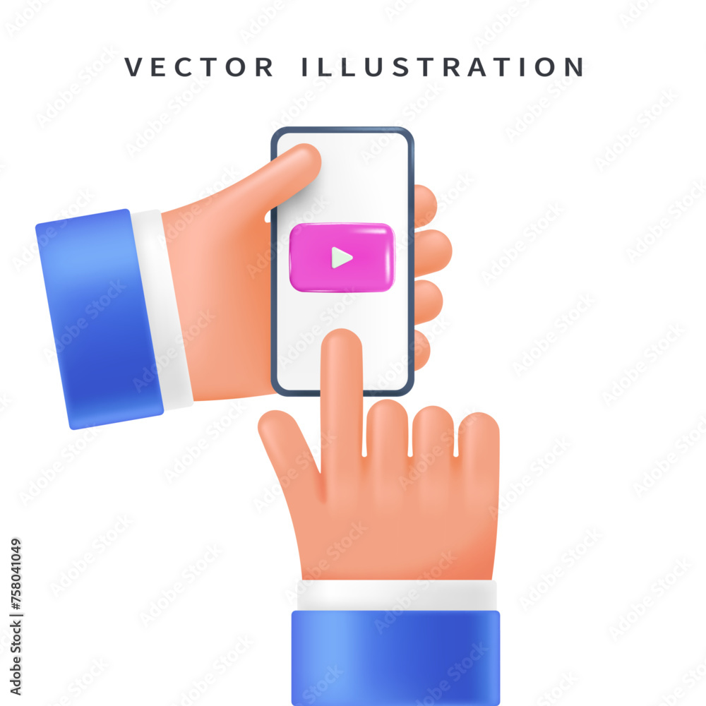 Poster viewing video on the phone in the user's hand, 3d style for ui ux graphic design. phone in hands in 