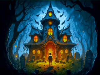 Fototapeta na wymiar Spooky house with spooky creatures 