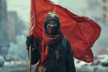 A faceless individual brandishes a vivid red flag amidst a snowy landscape, symbolizing revolution or protest - obrazy, fototapety, plakaty